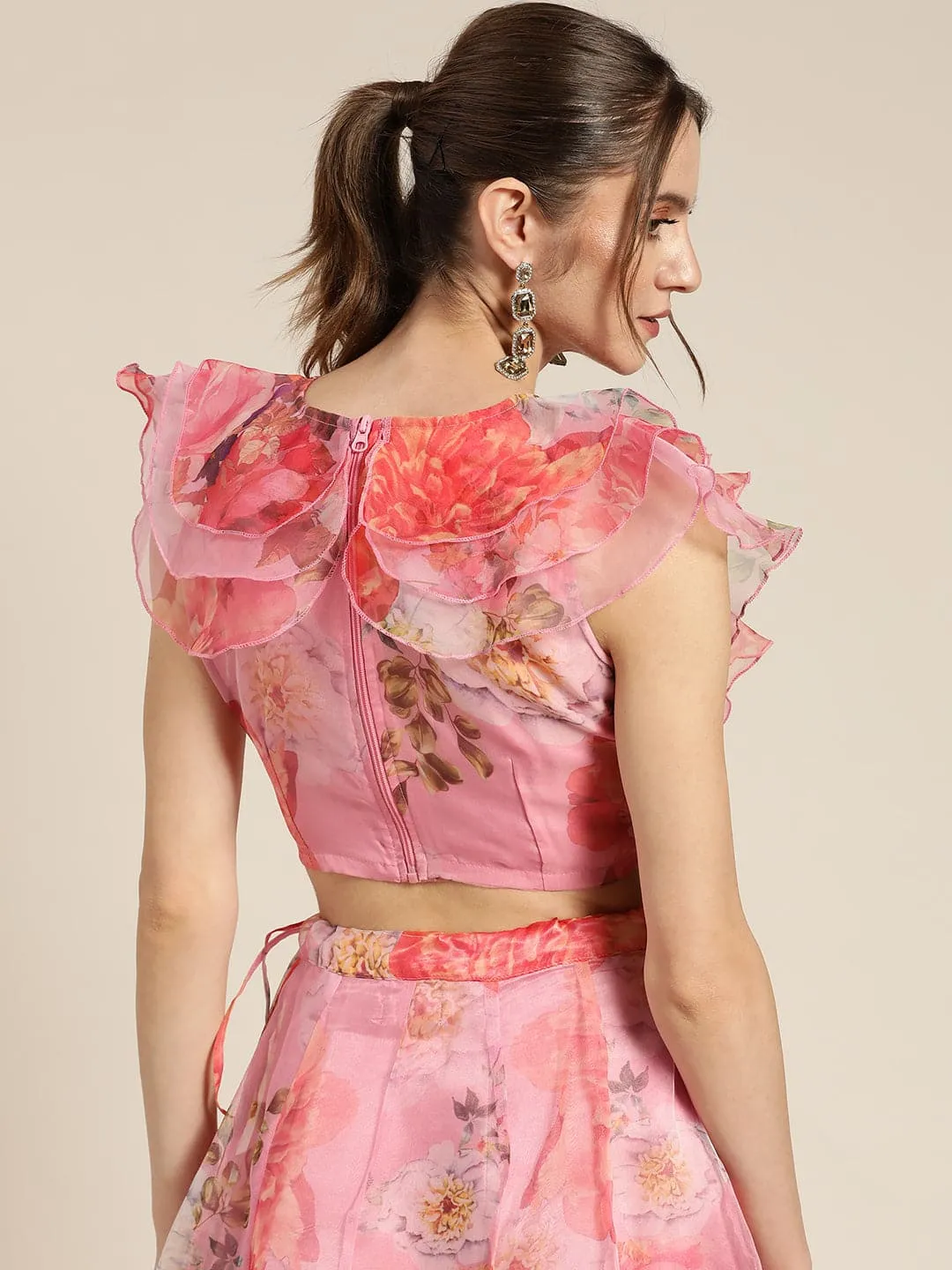 Women Pink Organza Floral Crop Top
