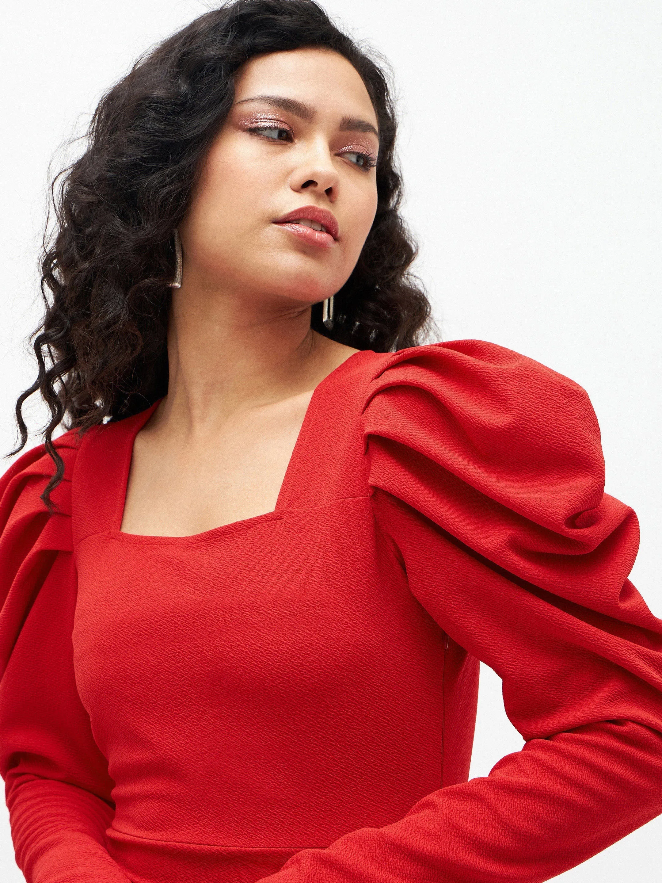 Women Red Puff Sleeves Frill Hem Bodycon Dress