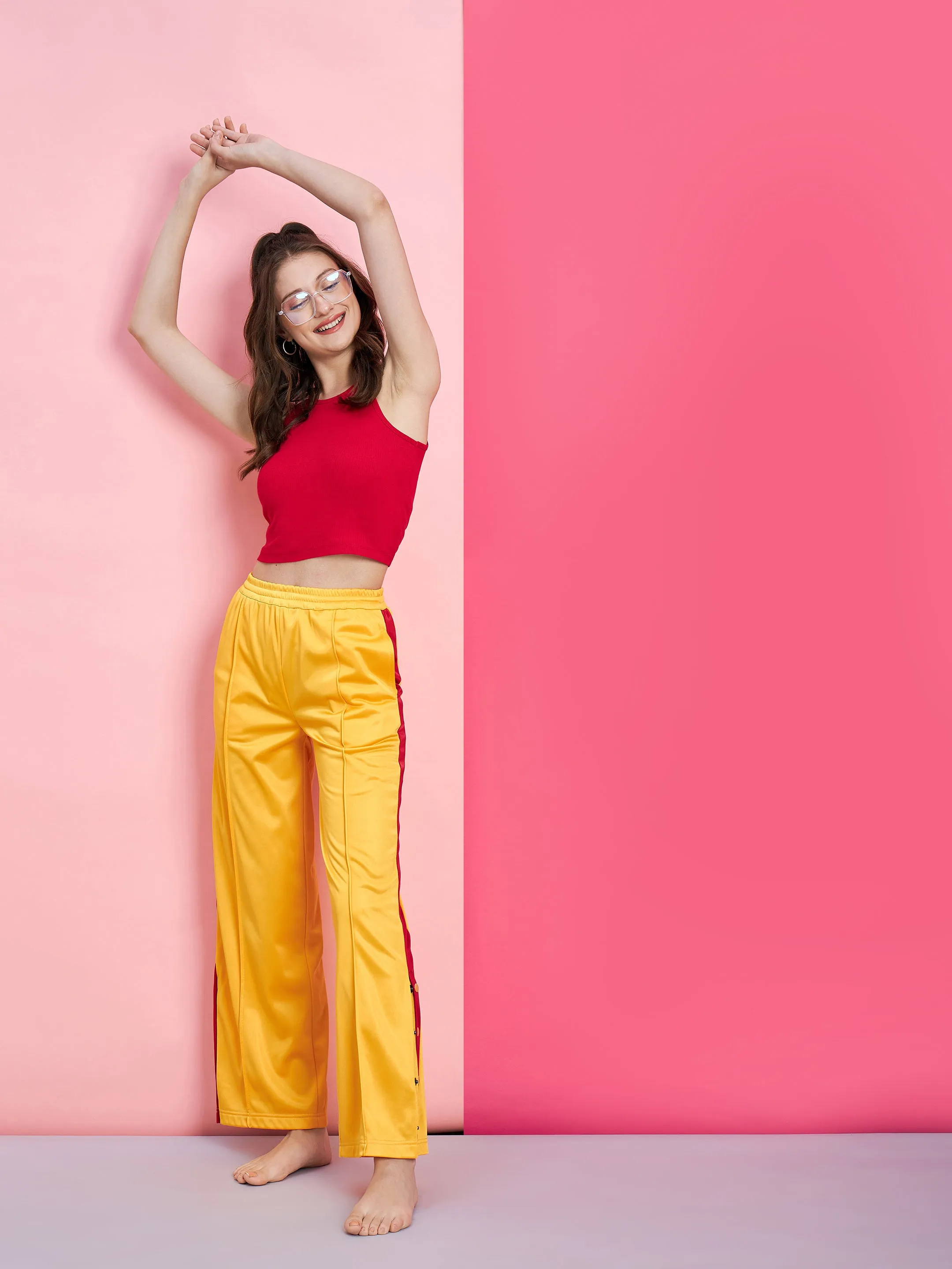 Women Red Rib Crop Top With Yellow Side Button Track Pants