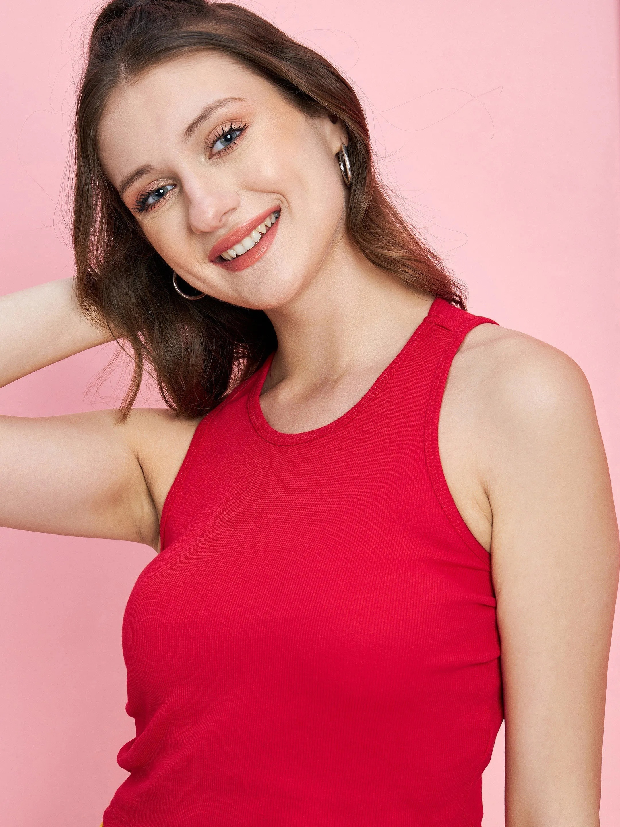 Women Red Rib Crop Top With Yellow Side Button Track Pants