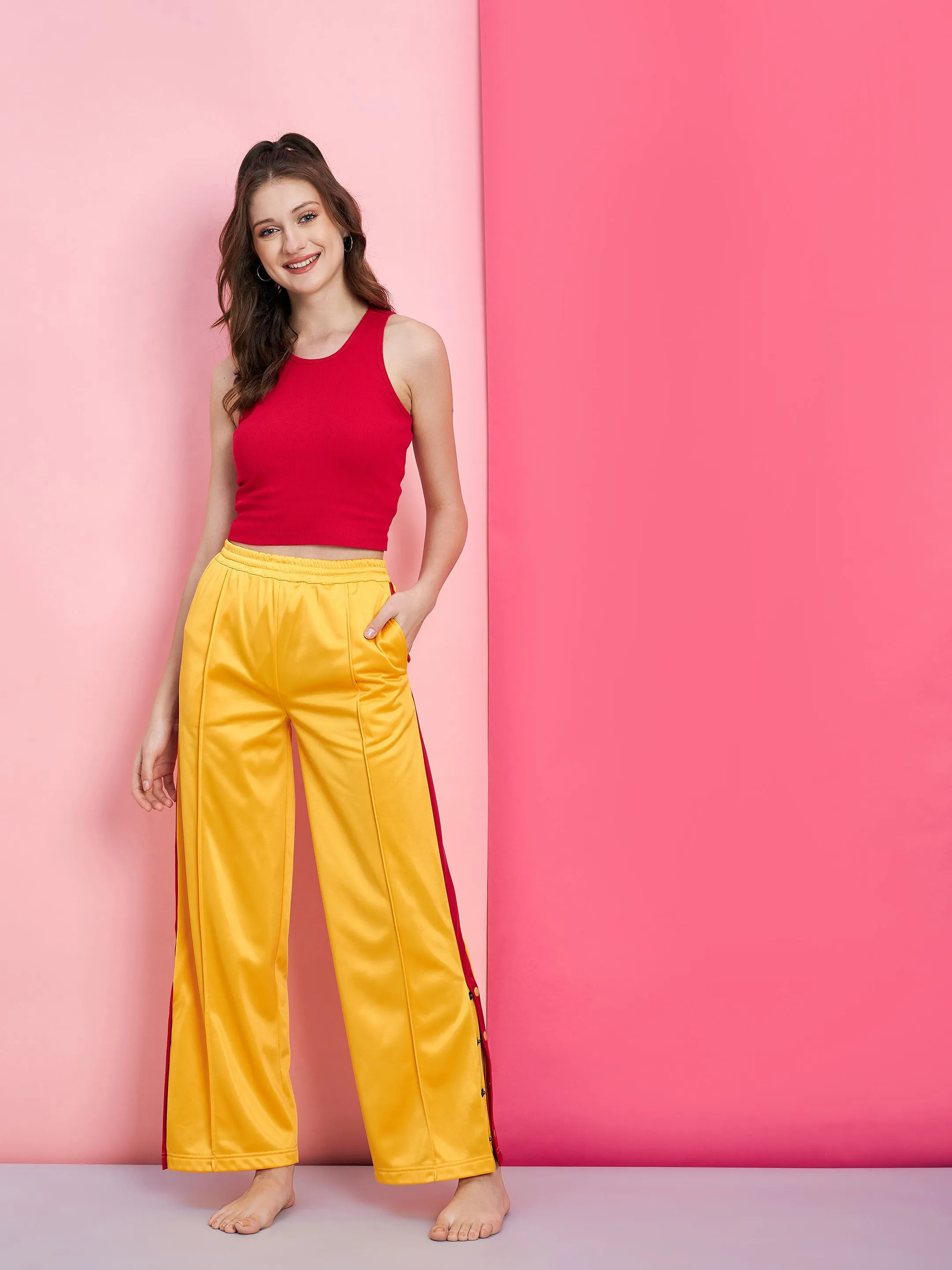 Women Red Rib Crop Top With Yellow Side Button Track Pants