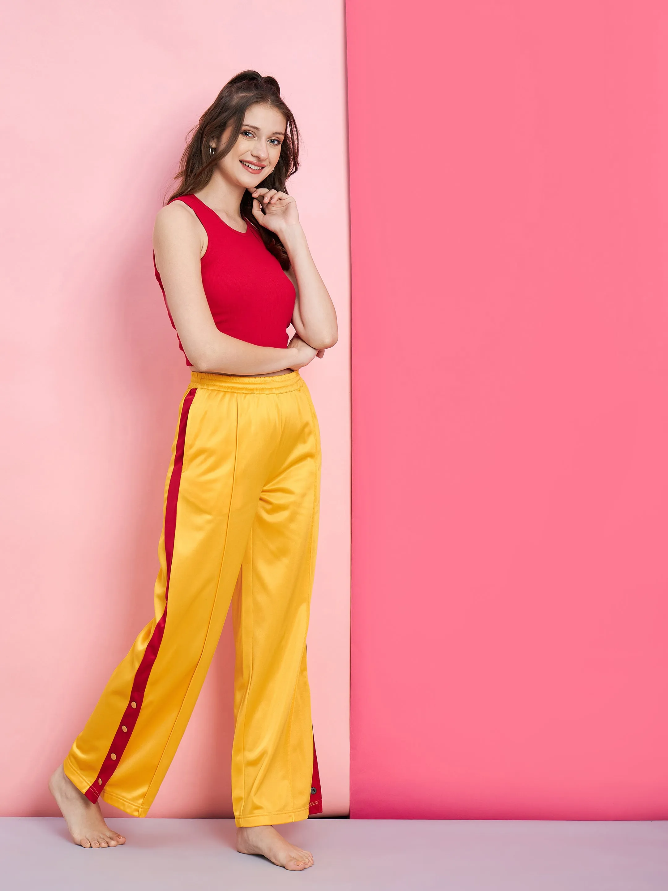 Women Red Rib Crop Top With Yellow Side Button Track Pants