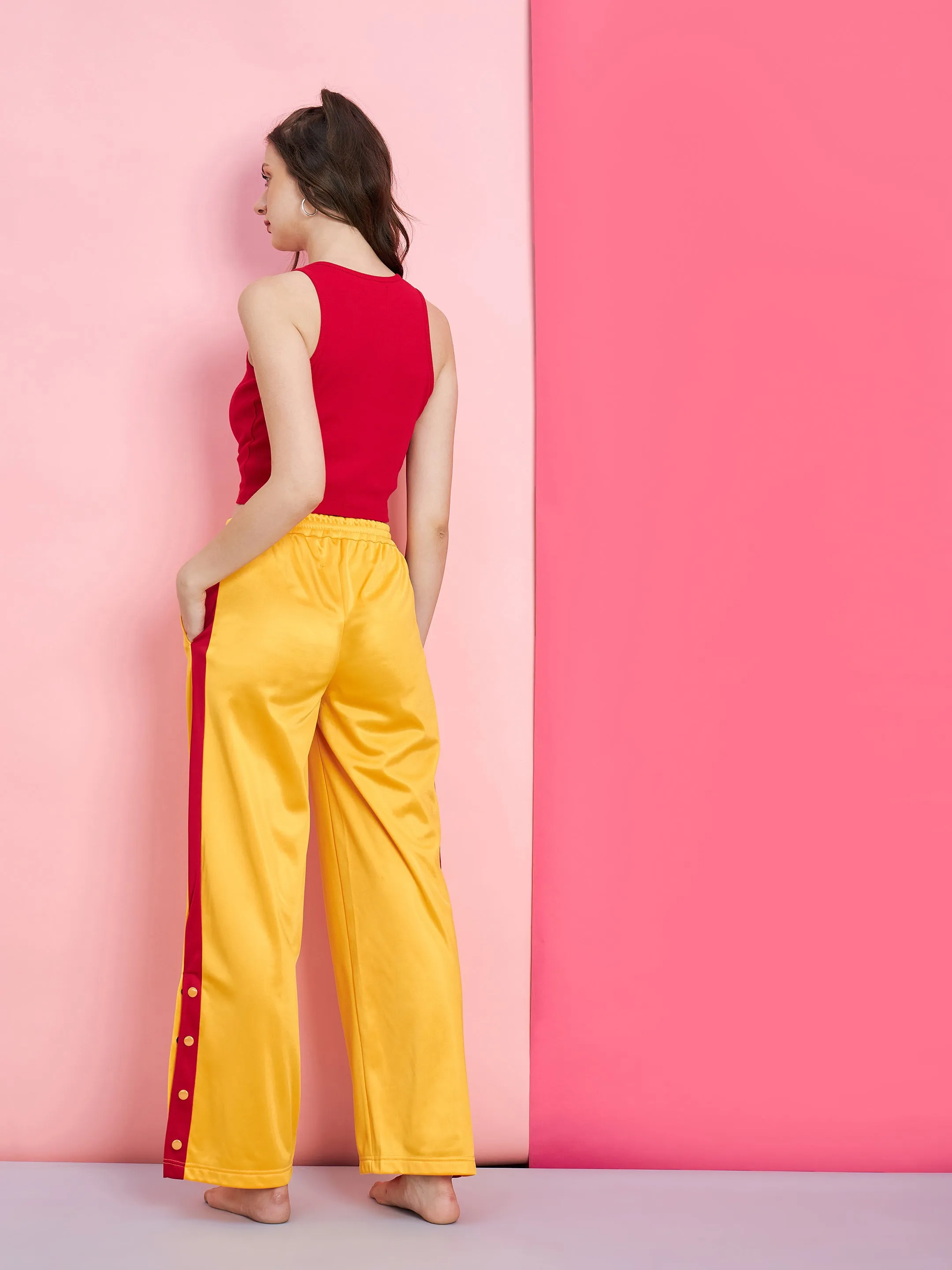 Women Red Rib Crop Top With Yellow Side Button Track Pants