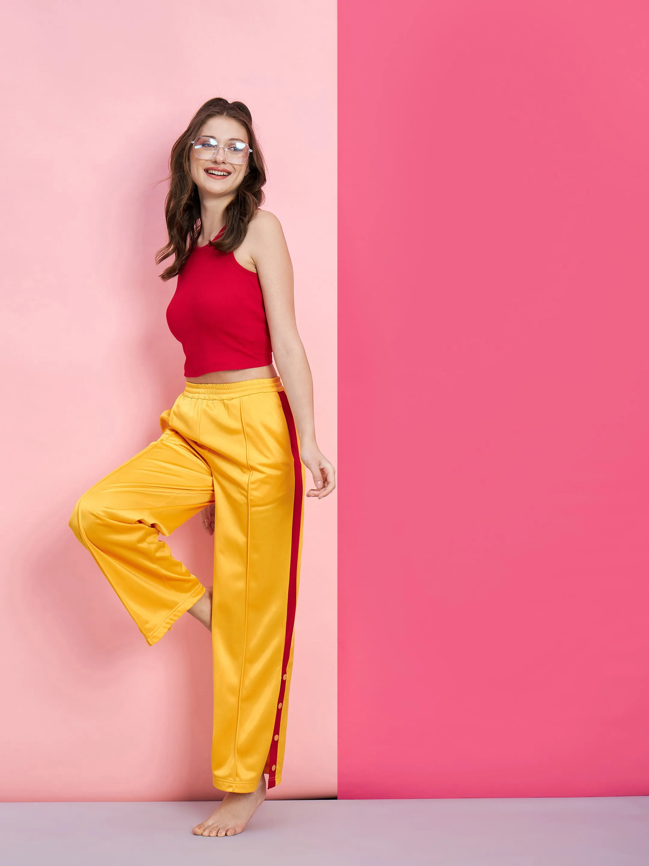 Women Red Rib Crop Top With Yellow Side Button Track Pants