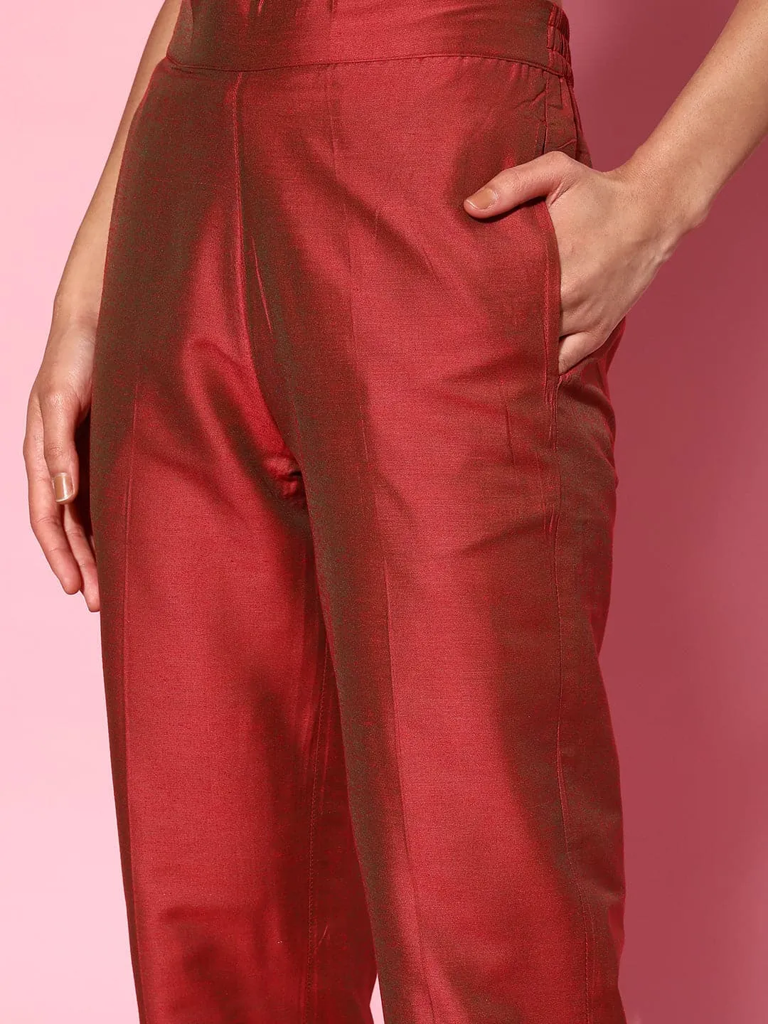 Women Rust Mirror Embroidered A-Line Kurta With Pants