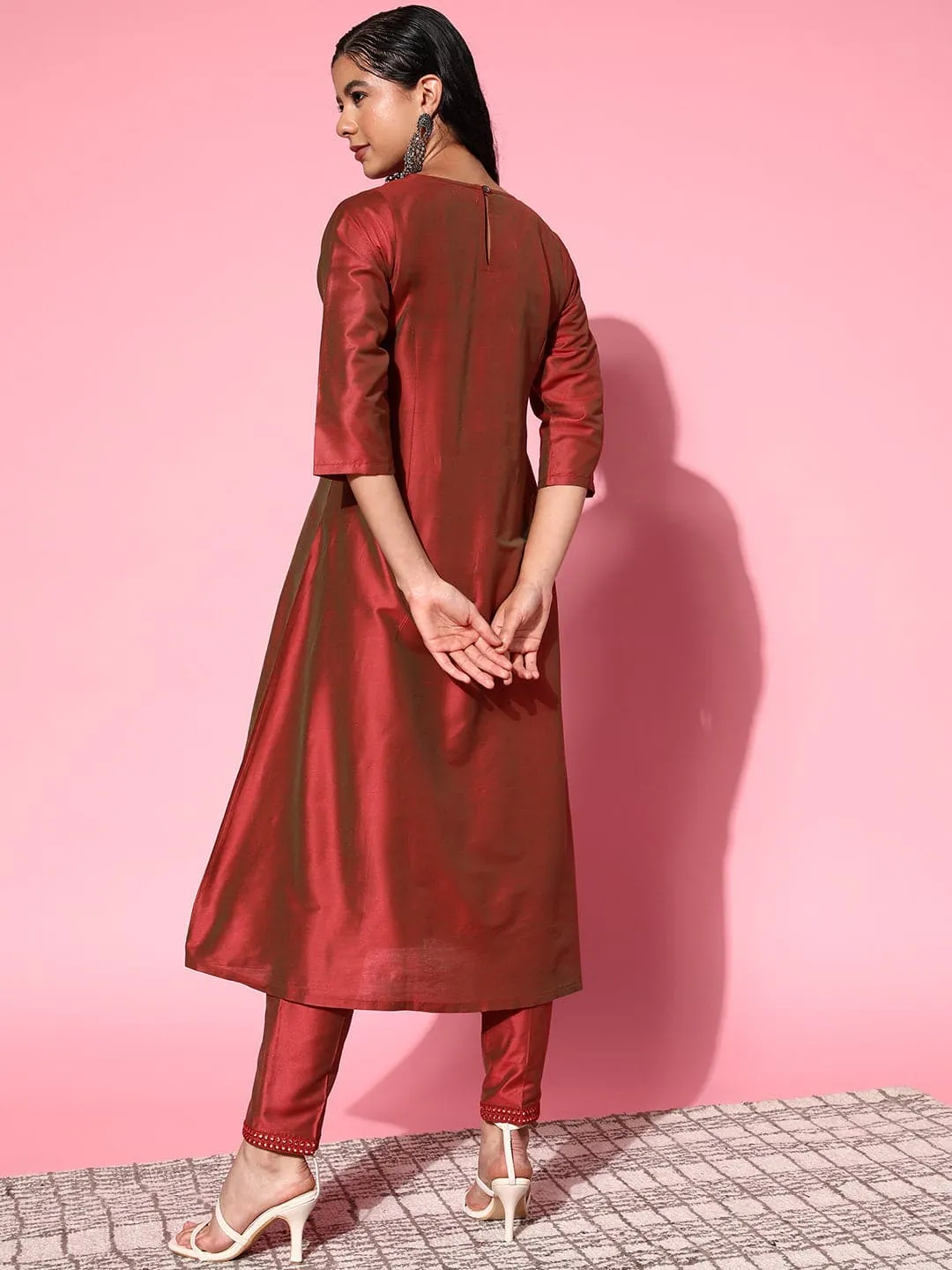 Women Rust Mirror Embroidered A-Line Kurta With Pants