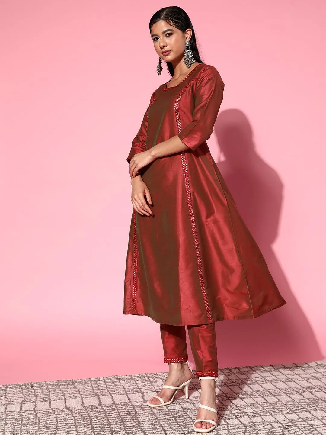 Women Rust Mirror Embroidered A-Line Kurta With Pants