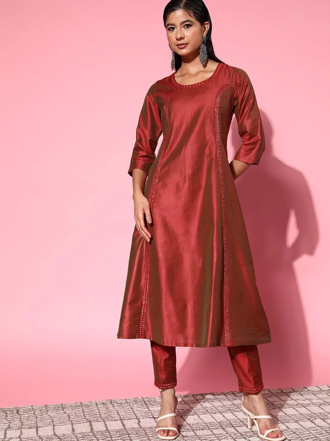 Women Rust Mirror Embroidered A-Line Kurta With Pants