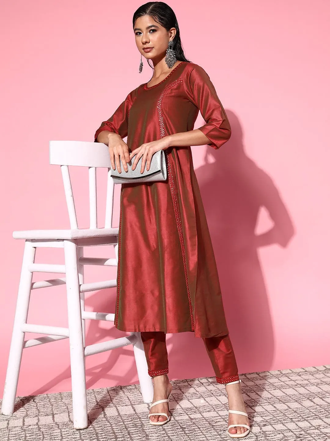 Women Rust Mirror Embroidered A-Line Kurta With Pants