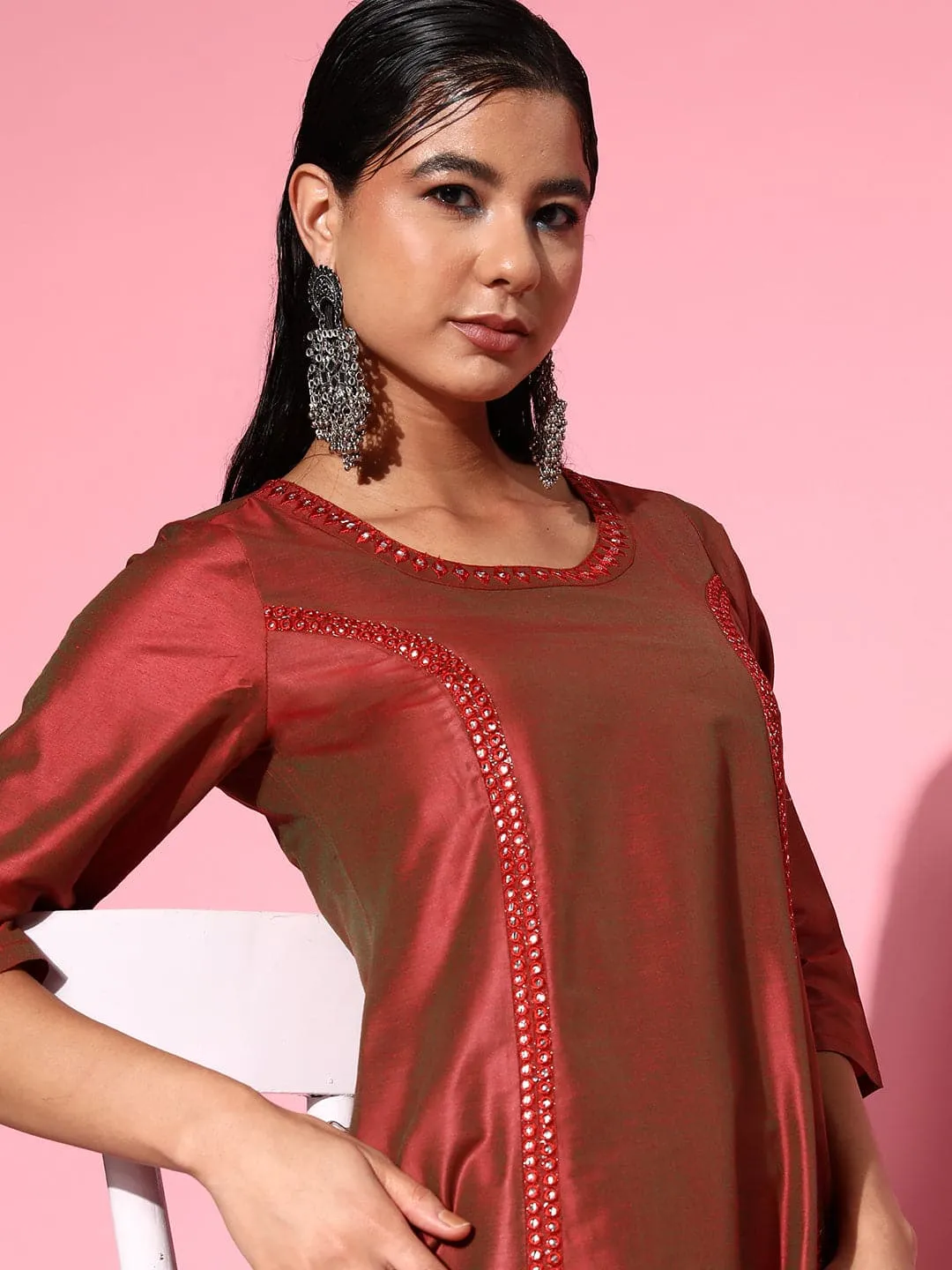 Women Rust Mirror Embroidered A-Line Kurta With Pants